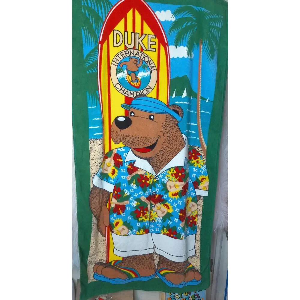 Vintage 80s Seven Seas Duke Surf Bear Beach Towel Neon Tropical Cartoon Cotton